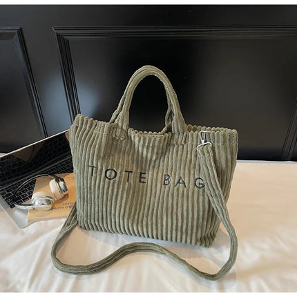 Large Capacity Striped Velvet Handbag Shoulder Bag for Woman Handbags Crossbody Bags, Versatile Letter Corduroy Women's Tote Bag PlatiNum