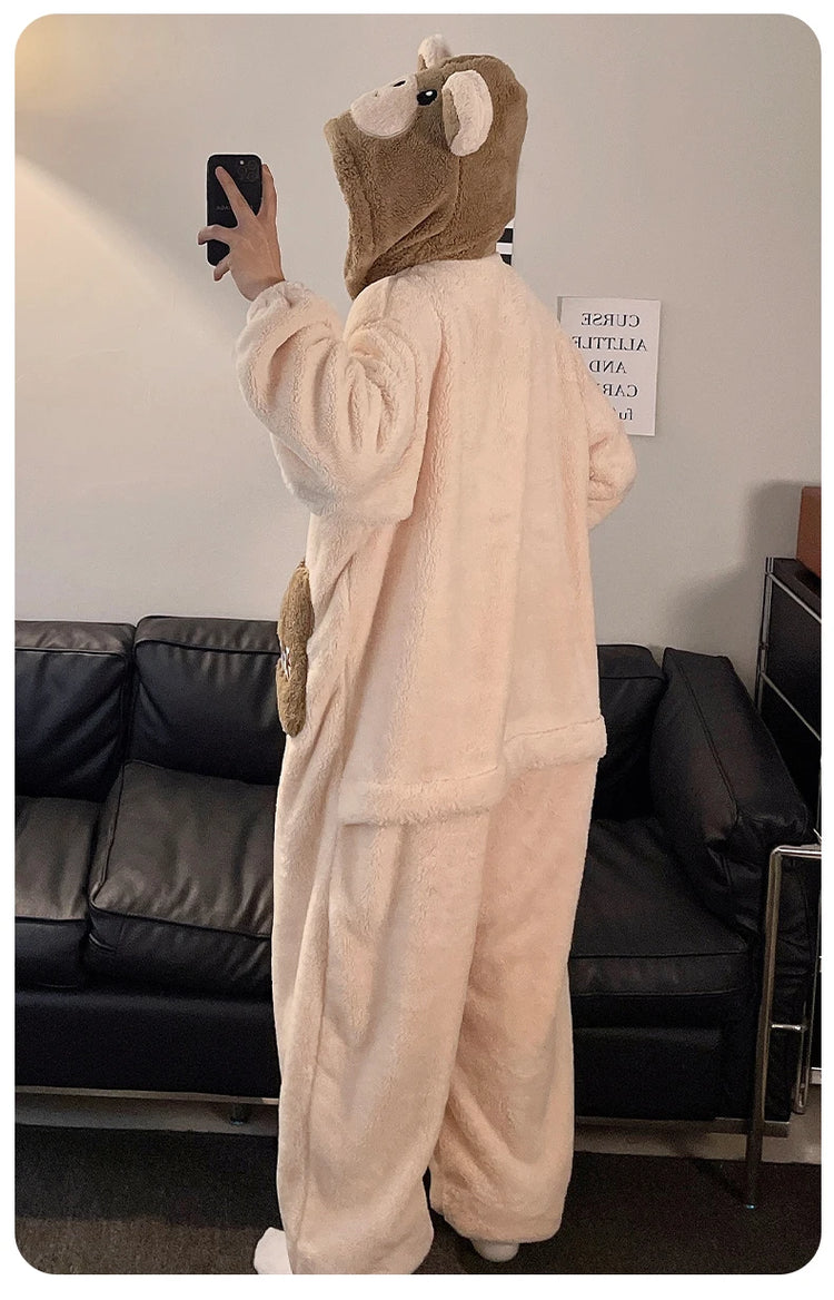 Winter Pajamas Cartoon Bear Costume Pijama Kawaii Adult Couples Kigurumis Sleepwear Jumpsuits Coral Fleece Loose Warm Homewear