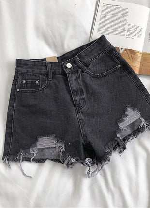 Pantaloncini di jeans coreani Donna Moda estiva Casual Jeans strappati a vita alta Tasca nappa Y2K Pantaloni caldi Streetwear Pantaloni blu