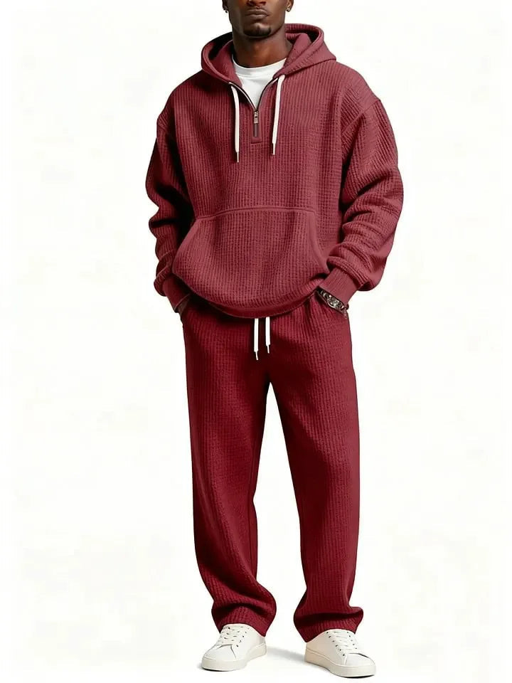 Autumn and Winter Waffle Hooded Sweatshirt Sweatpants Set 3D Printed Casual Sports Suit Men PlatiNum