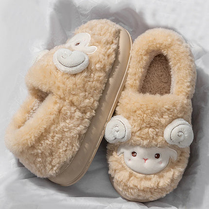 Cute Cartoon Lamb Cotton Slippers Women Indoor Warm Thicken Plush Home Slippers Woman Comfortable Non Slip Fluffy Slides Female