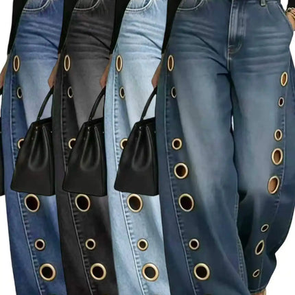 Jeans da Donna a Gamba Larga, Vita Media, con Dettagli Traforati, Effetto Vintage, Stile High Street, Eleganti, da Lavoro, Casual, Pantaloni Dritti