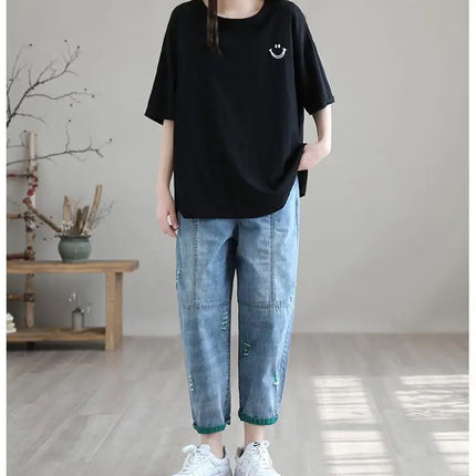 Jeans Strappati a Nove Punti da Donna, Nuovi Pantaloni Harem Casual Sottili con Vita Elastica, Lunghi alla Caviglia, in Denim, per l'Estate 2026