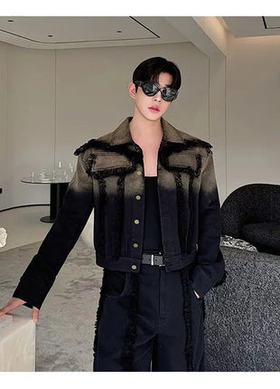 2025 New Men Denim Jacket and Jeans Set Two Piece Gradient Color Frayed Design Loose Fit High End Street Fashion Youth Trendy PlatiNum