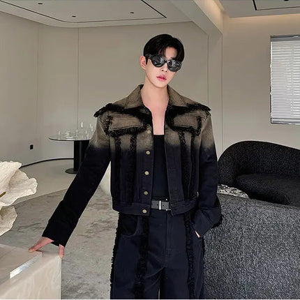 2025 New Men Denim Jacket and Jeans Set Two Piece Gradient Color Frayed Design Loose Fit High End Street Fashion Youth Trendy PlatiNum