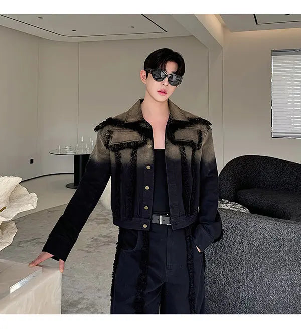 2025 Nuovi uomini Giacca di jeans e jeans Set Due pezzi Sfumatura di colore Design sfilacciato Vestibilità ampia Moda di strada di fascia alta Gioventù alla moda