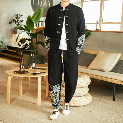 Completo Due Pezzi da Uomo, Nuovo Stile Primaverile in Lino, Comodo Completo Retrò Tang in Cotone Patchwork, Camicia Casual e Giacca Stampata Kung Fu