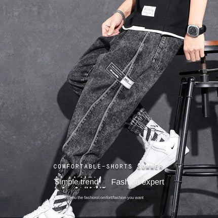 Loose Elastic Waist Denim Jeans for Men 2024 Fashion Casual Spring Workwear Foot-Tied Pants with Brand Workwear Baggy Trousers PlatiNum