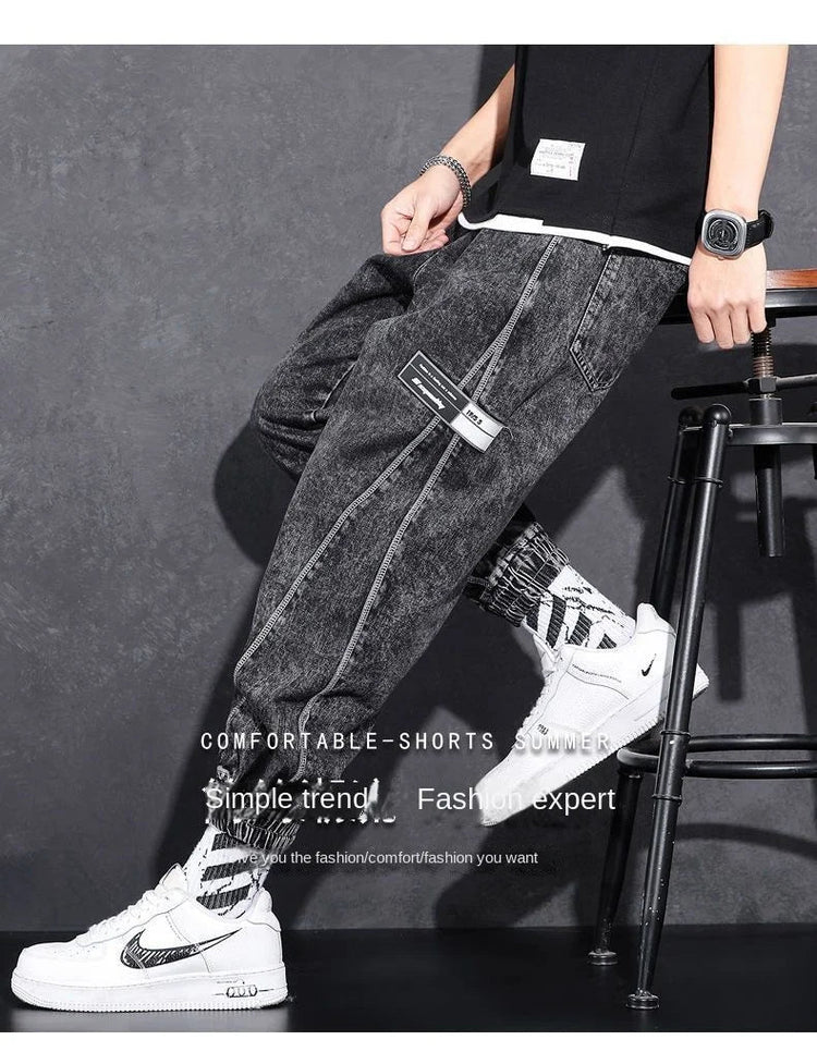 Loose Elastic Waist Denim Jeans for Men 2024 Fashion Casual Spring Workwear Foot-Tied Pants with Brand Workwear Baggy Trousers PlatiNum