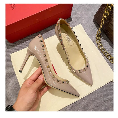 Women's High Heels Black Genuine Leather Rivet Pointed toe pumps luxury designer high quality Shoes Elegant woman heeled shoes