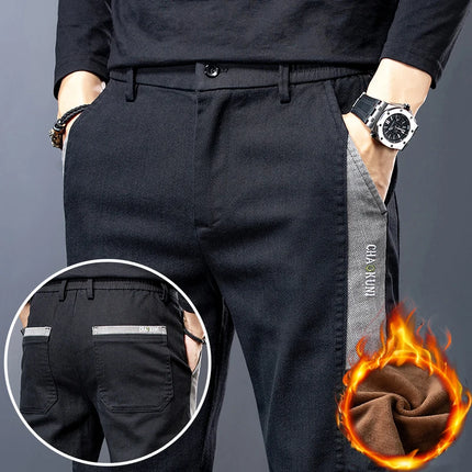 Winter New Men's Warm Slim Casual Pants Fleece Elasticity Embroidery Mid-waist Trousers Thicken Velvet Brand Straight Man Pants