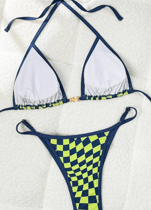 Costume da bagno sexy 2026 Nuovo micro bikini donna costumi da bagno scozzesi anello dorato gamba alta costume da bagno a due pezzi con spalline costumi da bagno Biquini