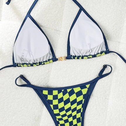 Costume da bagno sexy 2026 Nuovo micro bikini donna costumi da bagno scozzesi anello dorato gamba alta costume da bagno a due pezzi con spalline costumi da bagno Biquini