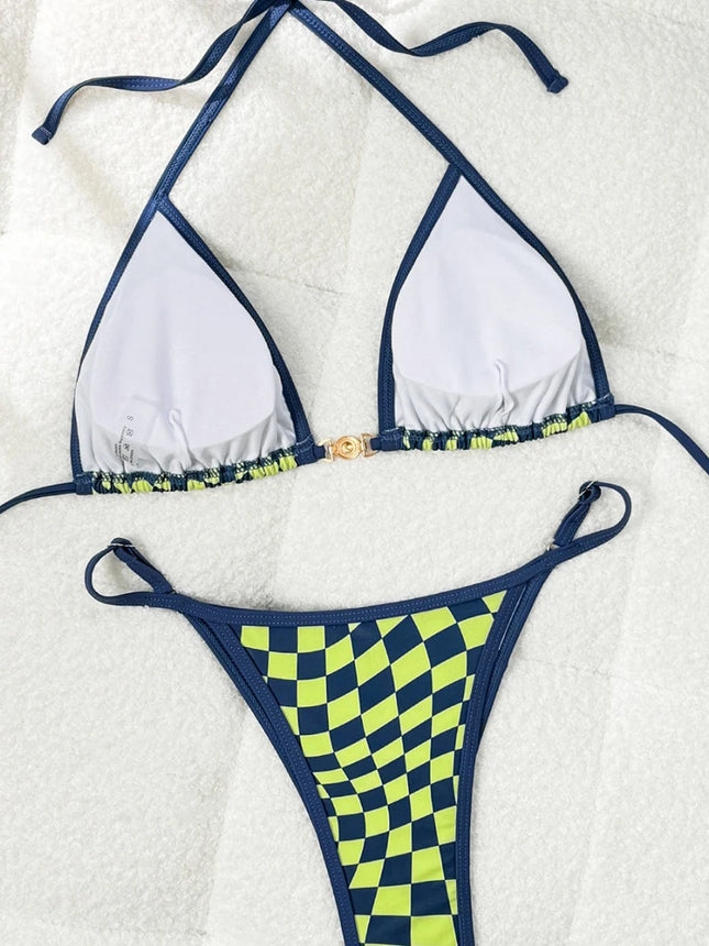 Sexy Swimsuit 2026 New Micro Bikini Women's Plaid Swimwear Gold Ring High Leg Two-Piece Strappy Swimsuit Biquini