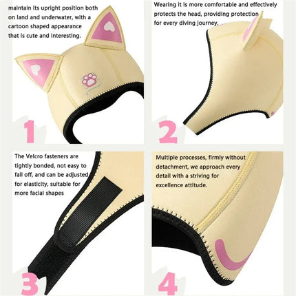 Cat Ear Diving Hood 3mm Neoprene Wetsuit Hood Cute Women's Swimming Cap for Surfing Snorkeling Water Sports Surf Diving Hat