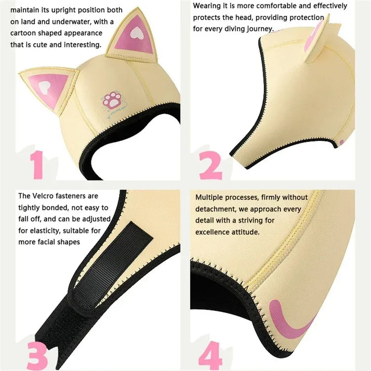 Cappuccio da sub con orecchie di gatto Cappuccio da muta in neoprene da 3 mm Cuffia da nuoto da donna carina per il surf Snorkeling Sport acquatici Cappello da sub da surf