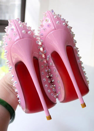 Tacchi alti tempestati di rosa, alla moda, bocca ultra poco profonda, punta a punta, tacco sottile, cielo odio, stile punk alto, 12 cm platinumshop