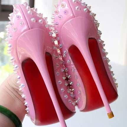 Tacchi alti tempestati di rosa, alla moda, bocca ultra poco profonda, punta a punta, tacco sottile, cielo odio, stile punk alto, 12 cm platinumshop