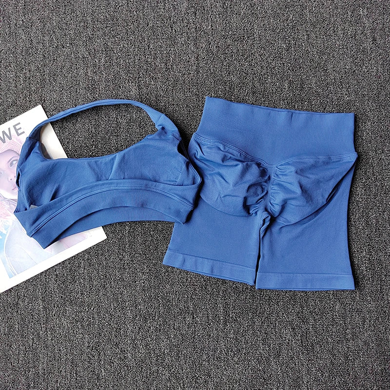 2PCs Peach High Waist Belly Hip Lifting Sports Bras Shorts Suit Gathering Shock-proof Neck Halter Yoga Suit Running Fitness Set