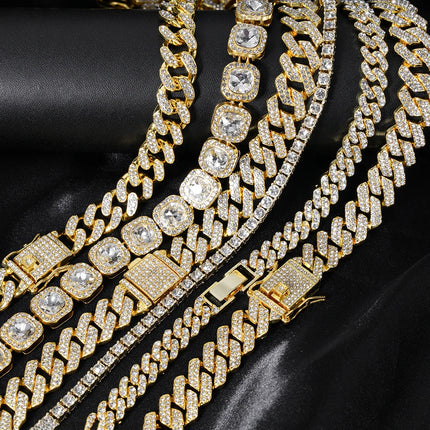 Hip Hop Men Women 14MM Prong Cuban Link Chain Necklace Bling Iced Out Tennis Chain Rhinestone Paved Miami Cuban Necklace Jewelry PlatiNum