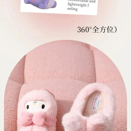 Women Cute Hello Kitty Thick Platform Plush Slippers Warm Fuzzy Non-Slip Bowknots Winter Indoor Bedroom Cozy Fluffy House Slides