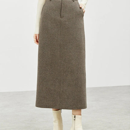 SENTUBILA Straight Wool Skirt Women 2025 Winter Vintage Elegant Tweed High-waist Slit-hem Temperament Long Skirts 144Q56942 PlatiNum