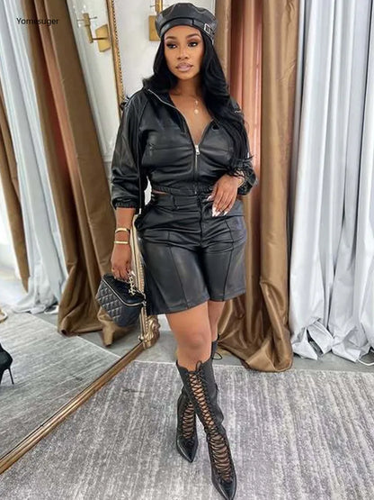 Yomesugar Autumn Sexy PU Leather 2 Piece Sets Women Hipster Zip Hooded Full Sleeve Crop Jacket and Shorts Matching Streetwear
