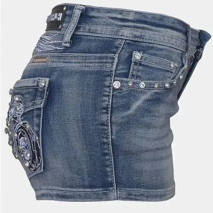 Women Rider Motorcycle Wing Rivet Embroidery Shorts Y2k Vintage Gothic Hot Girl Sexy Washed Denim Shorts Low Waist Mini Skirts PlatiNum
