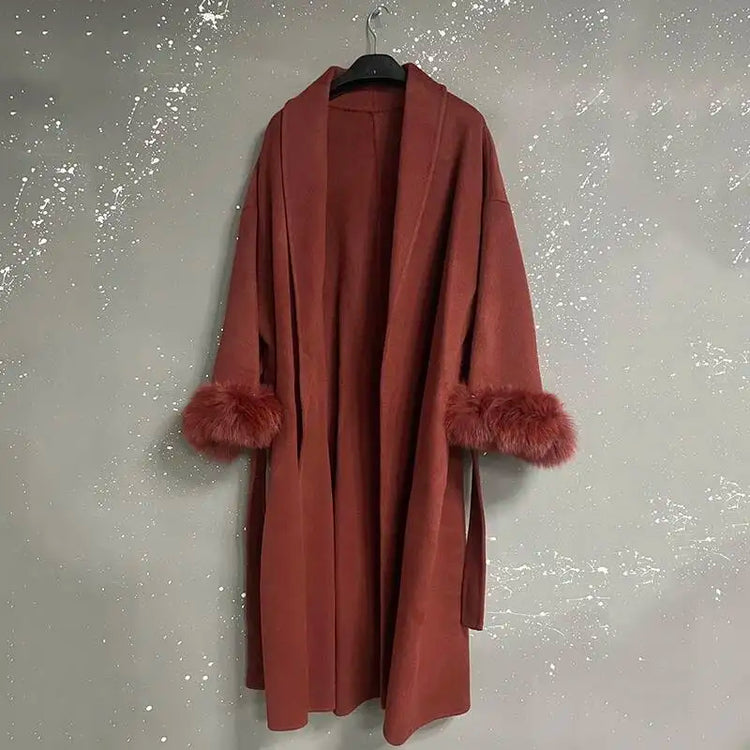 UCXQ Elegant Woolen Coat Temperament Office Lady Overcoats Fur Patchwork Long Sleeve Beautiful Women's Coats 2025 Winter New