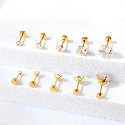 LUXUSTEEL 1Pairs/2Pcs Stainless Steel Crystal Studs Earrings For Women Men 4 Prong Tragus Round Clear Cubic Zirconia Ear Jewelry PlatiNum