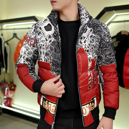 90% White Duck Down Men's Light Warm Print Down Jacket Stand-up Collar  Fashionable Versatile Autumn Winter coat