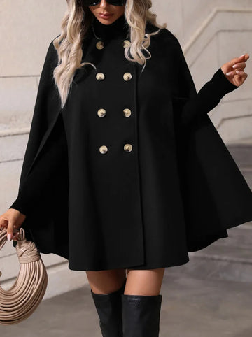 Ladies Mid Length Cape Coat Round Neck Double Breasted Metal Buttons Sleeveless Loose Cloak Outer Jacket For Party