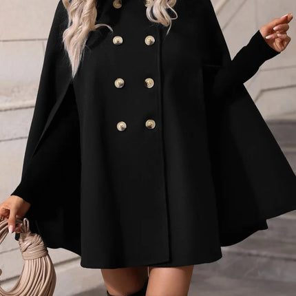 Ladies Mid Length Cape Coat Round Neck Double Breasted Metal Buttons Sleeveless Loose Cloak Outer Jacket For Party