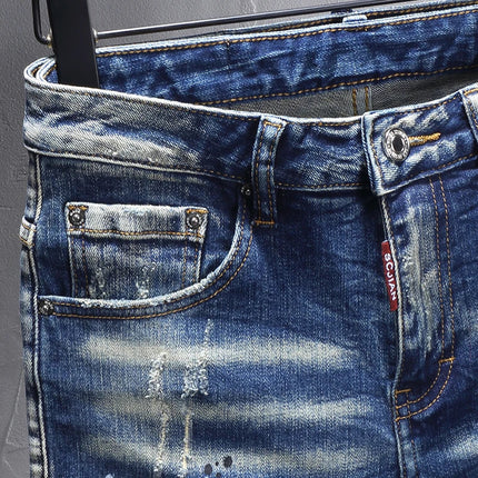 Street Designer Fashion Men Jeans Retro Blue Stretch Slim Fit Spliced Ripped Jeans Men Y2K Painted Vintage Denim Pants Hombre PlatiNum