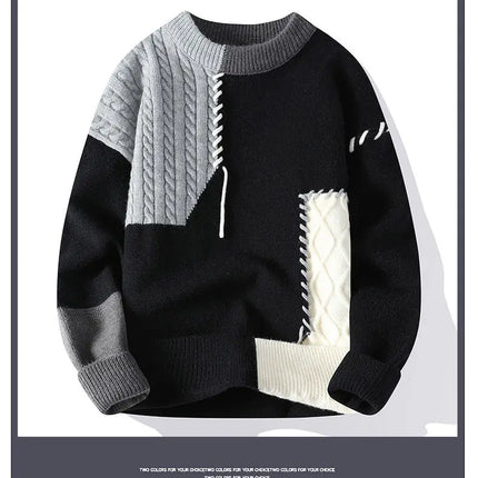 Autumn Winter Warm Mens Knitted Sweaters Fashion Patchwork O Neck Knit Pullovers Korean Streetwear Pullover Casual Mens Clothing