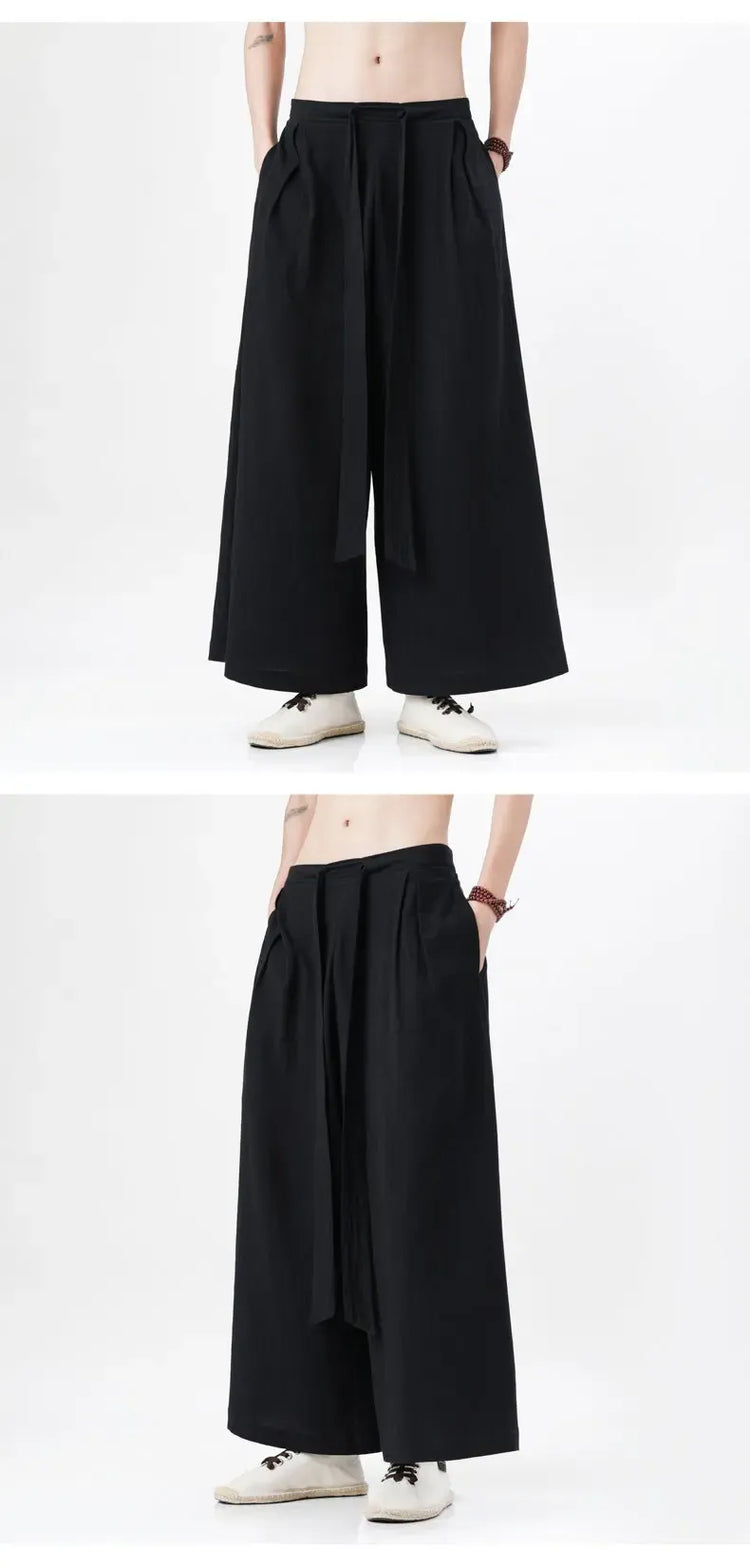 Pantaloni retrò in cotone e lino stile cinese Uomo Kimono estivo Pantaloni tradizionali in tinta unita Pantaloni casual a gamba larga streetwear maschile