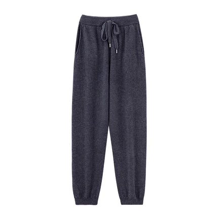 2024 Autumn And Winter New 100% Pure Wool Flat Small Foot Pants Women Loose High Waist Lean Knitted Cashmere Bunched Foot Pants PlatiNum