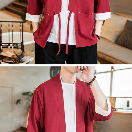 Nuova Camicia Uomo Kimono Giapponese in Cotone e Lino, T-shirt Comoda e Traspirante, Costume da Samurai Tradizionale, Camicia Casual Haori per Uomo