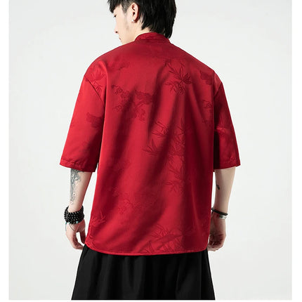 Camicia cinese da uomo con foglie di bambù floreali scuri Seta di ghiaccio Estate Confortevole e traspirante Stile retrò Camicie larghe alla moda da uomo Top