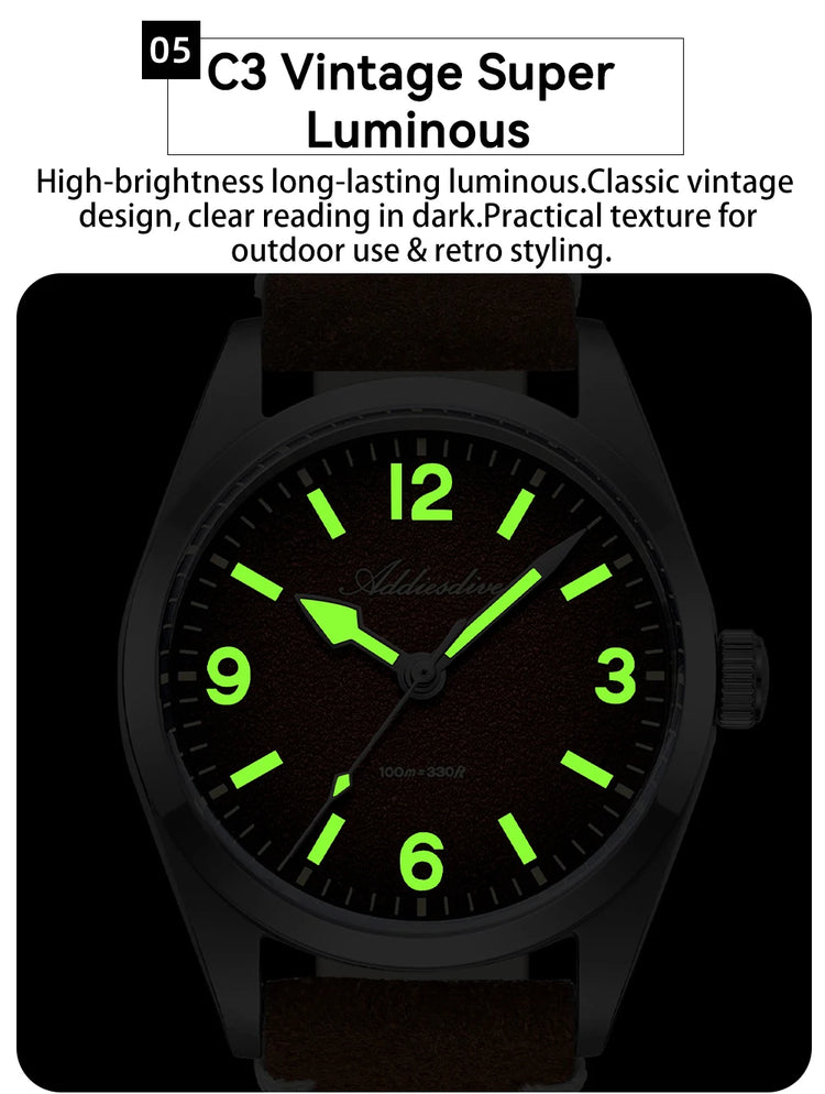 ADDIESDIVE New Quartz Watch Luxury Sapphire 2035 Movement 36mm Men Watch C3 Luminous Diving 100m Waterproof 316L Stainless Steel