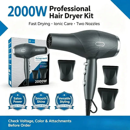 WETECH Professional 2000W Negative Ionic Hair Dryer AC Motor Salon Hairdryer Adjustable Temperature Fast Drying Blow Dryer with Styling Nozzles