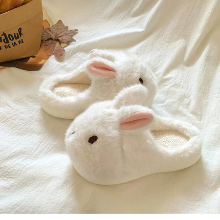 New Cute 3D Rabbit Furry Slippers Women Winter Warm Plush Closed Back House Shoes Non Slip Bunny Indoor Flip Flops Home Slipper