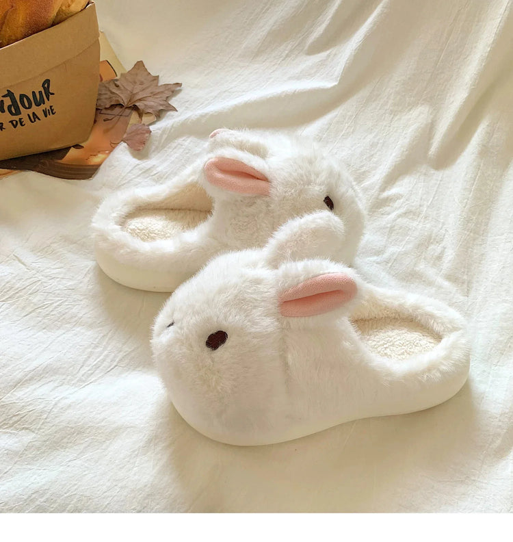 New Cute 3D Rabbit Furry Slippers Women Winter Warm Plush Closed Back House Shoes Non Slip Bunny Indoor Flip Flops Home Slipper