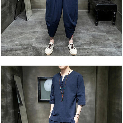 Stile giapponese due pezzi t-shirt pantaloni uomo uomo abiti Kimono maniche corte giappone Harajuku Yukata Cardigan Costume top pantaloni