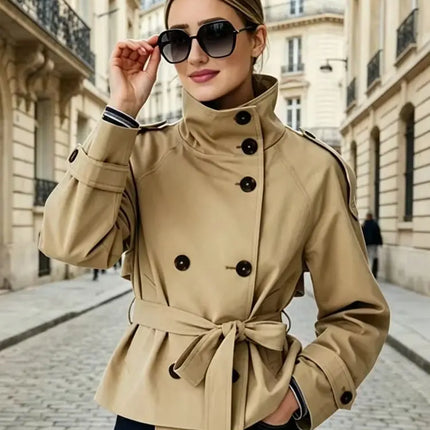 Belted Waist Cropped Trench Jackets Women Double Breasted Stand Collar Coats 2025 Autumn Chic Casual Vintage Jacket Women Cloth