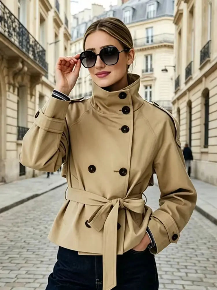 Belted Waist Cropped Trench Jackets Women Double Breasted Stand Collar Coats 2025 Autumn Chic Casual Vintage Jacket Women Cloth