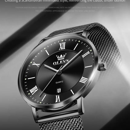 OLEVS 5623 Orologio al quarzo da uomo con quadrante minimalista con numeri romani, cinturino in maglia milanese, lancette luminose, datario, resistente all'acqua fino a 30 m platinumshop