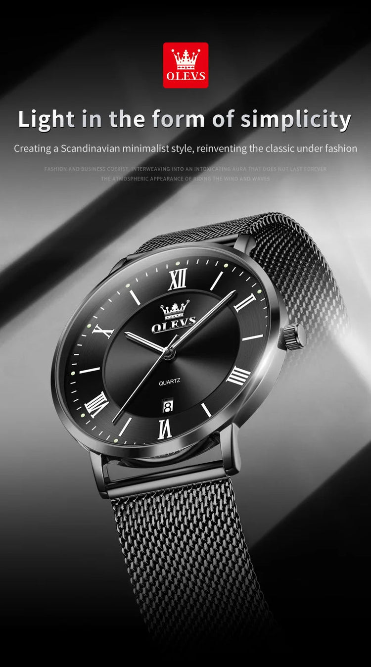 OLEVS 5623 Orologio al quarzo da uomo con quadrante minimalista con numeri romani, cinturino in maglia milanese, lancette luminose, datario, resistente all'acqua fino a 30 m platinumshop