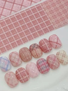 10Pcs Pink Grid Pattern Nail Foil Transfer Paper Cowboy Style Manicure Stickers For DIY Nail Art Decor
