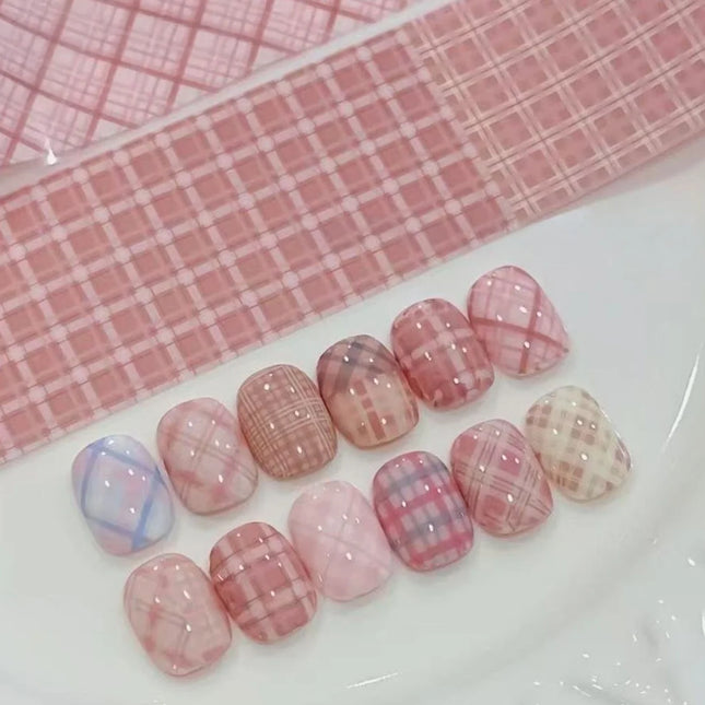 10Pcs Pink Grid Pattern Nail Foil Transfer Paper Cowboy Style Manicure Stickers For DIY Nail Art Decor